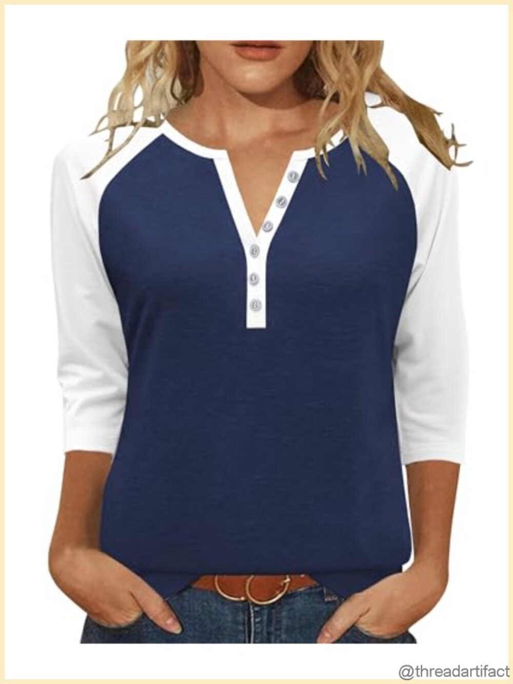 Womens Tunic Top 3/4 Sleeve V Neck Button Up Blouse